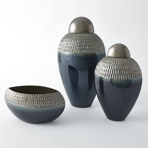 Carved Lidded Urn-Pewter/Aqua Carved Lidded Urn-Pewter/Aqua