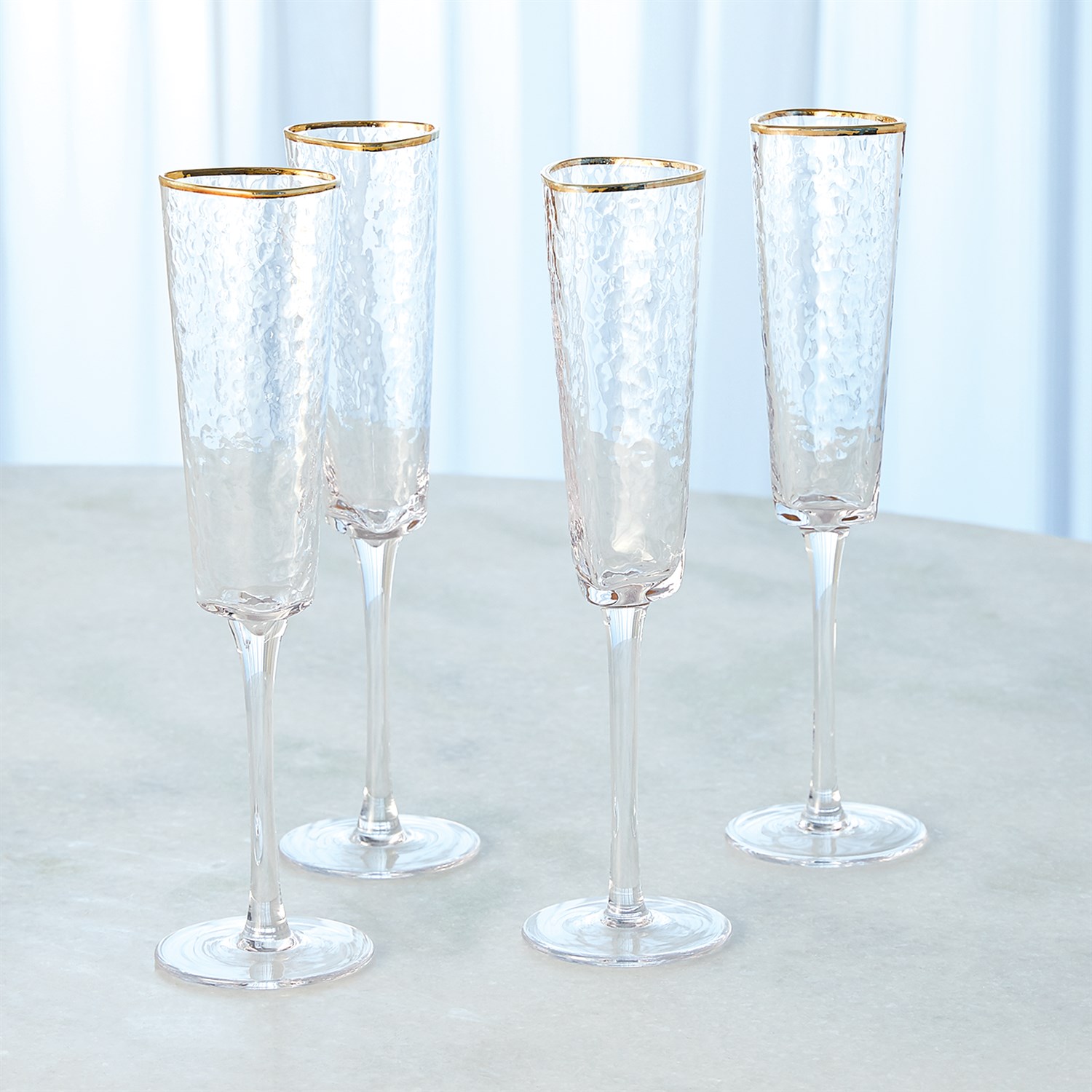 S 4 Hammered Champagne Glasses Clear W Gold Rim