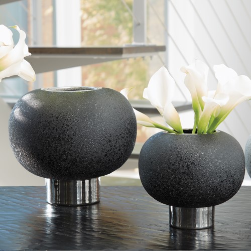Silver Banded Sphere Vase-Black Silver Banded Sphere Vase-Black
