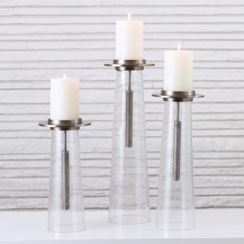 Seeded Glass Pillar Holder - Antique Nickel Seeded Glass Pillar Holder - Antique Nickel