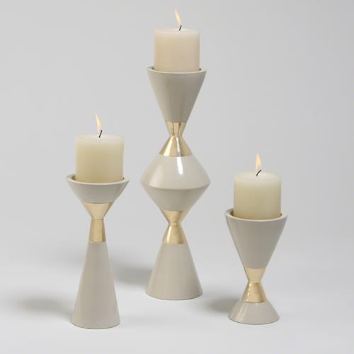 S/3 Hourglass Pillar Candleholders-Cream w/Gold S/3 Hourglass Pillar Candleholders-Cream w/Gold