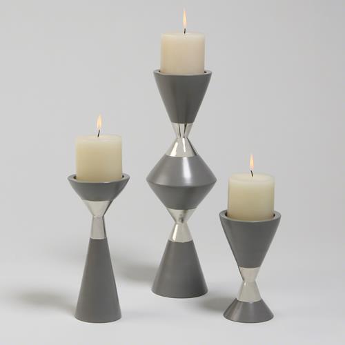 S/3 Hourglass Pillar Candleholders-Grey w/Nickel S/3 Hourglass Pillar Candleholders-Grey w/Nickel