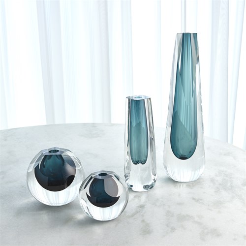 Hexagon Cut Glass Vase-Azure Hexagon Cut Glass Vase-Azure