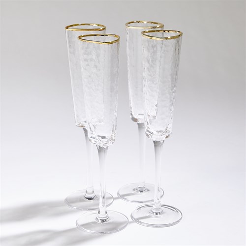 S/4 Hammered Champagne Glasses-Clear W/Gold Rim