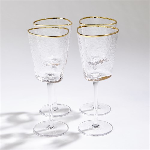 S/4 Hammered Footed Wine Glasses-Clear W/Gold Rim