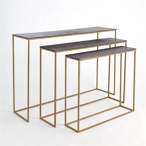 S/3 Sand Casted Nesting Consoles-Gold frame w/Black Top