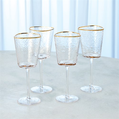 S/4 Hammered Footed Wine Glasses-Clear W/Gold Rim