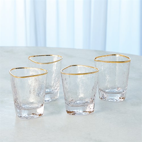 S/4 Hammered Water Glasses-Clear W/Gold Rim