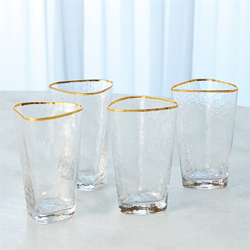 S/4 Hammered High Ball Glasses-Clear W/Gold Rim