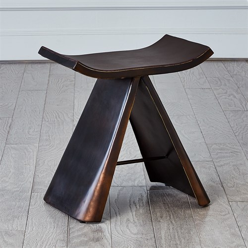 Mod Metal Stool w/ Brown Leather Seat Cover-Bronze