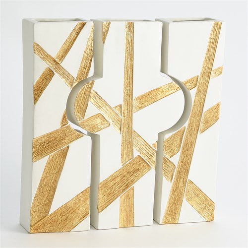 S/3 Puzzle Vases-Matte White W/Gold Leaf