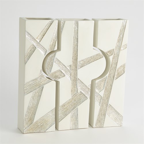 S/3 Puzzle Vases-Matte White W/Silver Leaf