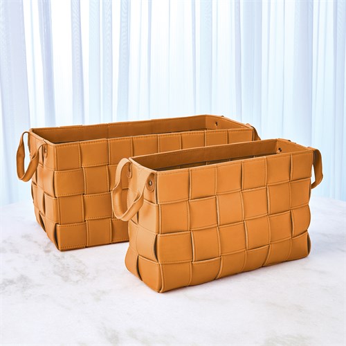Soft Woven Rectangular Leather Basket-Orange