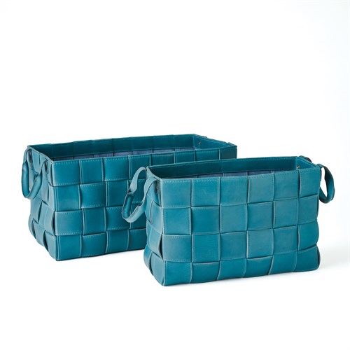 Soft Woven Leather Baskets-Azure