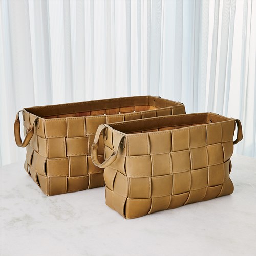 Soft Woven Leather Baskets-Putty