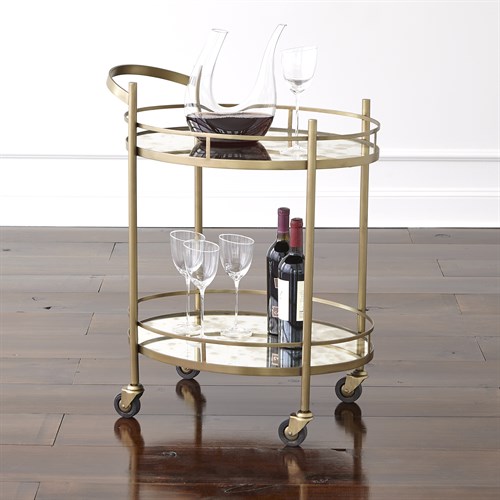 Oval Polished Brass 2 Tier Bar Cart and Trolley with Gallery