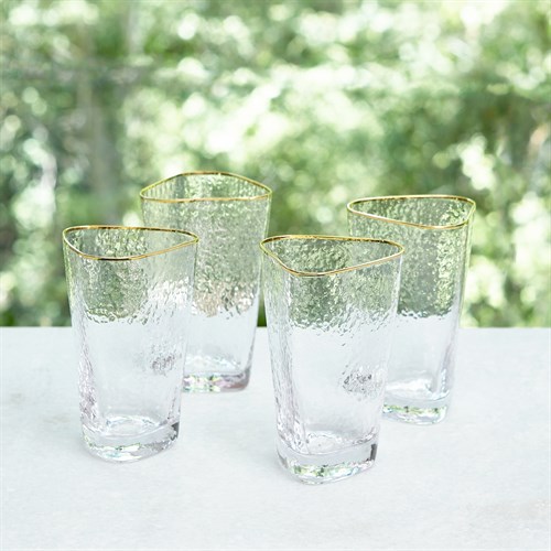 S/4 Hammered High Ball Glasses-Clear W/Gold Rim