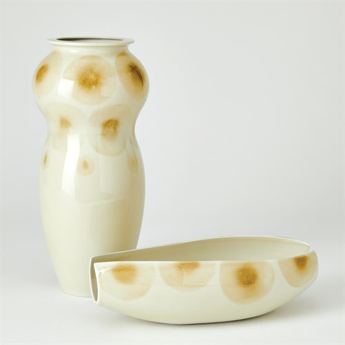 Spots Vase & Bowl-White w/Taupe Spots