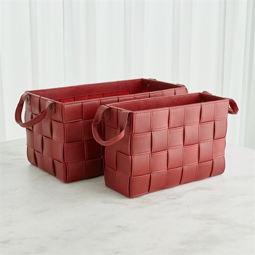 Soft Woven Leather Baskets-Deep Red